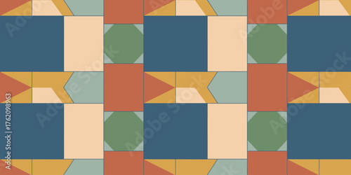 Abstract geometric pattern with squares rectangles triangles and octagons in various colors repeated design