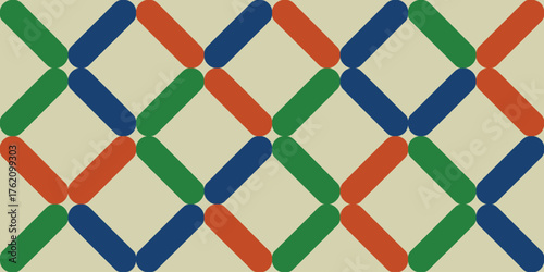 A repeating pattern of green blue and orange rounded rectangles on a beige background forming diamonds