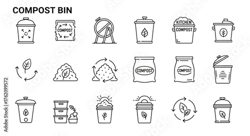 Collection of line art icons depicting various compost bins, compost piles, and recycling symbols related to composting.