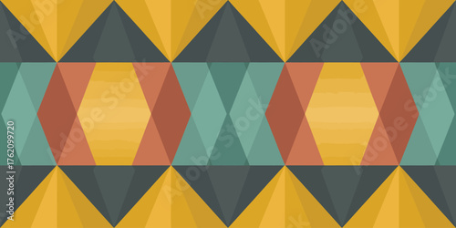 Geometric pattern with triangles and hexagons in shades of yellow green gray and reddish brown design