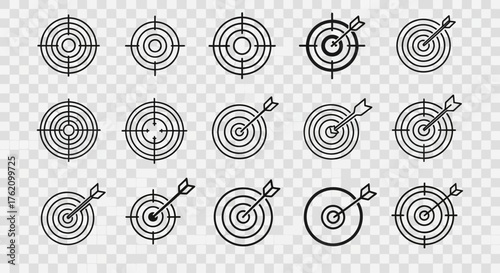 A collection of fifteen target icons, some with arrows hitting the center, depicted in a simple, outlined style against a transparent background.