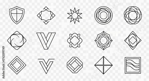 Collection of fifteen unique geometric line art designs, including shields, stars, circles, and square shapes, all in a minimalist style.