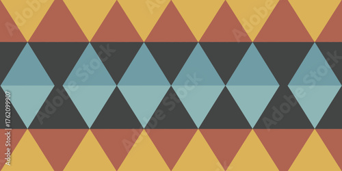 A geometric pattern featuring triangles and diamonds in shades of blue brown yellow and gray colors