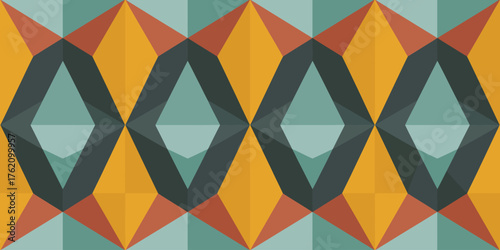 Abstract geometric pattern featuring diamonds triangles and overlapping shapes in muted colors