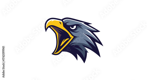 A graphic illustration of a fierce eagle head mascot with a yellow beak and dark blue feathers on a plain white background.