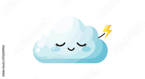 A cute cartoon cloud head mascot with a lightning bolt, sleeping peacefully against a white background with a soft, blue color palette.