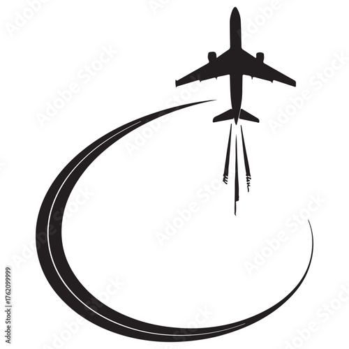 Airplane taking off isolated on white background, leaving a curved trail, symbolizing travel, adventure, and new beginnings in aviation