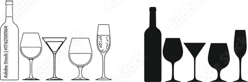 A collection of various wine glasses and a bottle of wine shown here