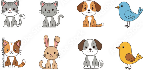 Cute cartoon animals featuring cats dogs rabbit and birds in a simple style
