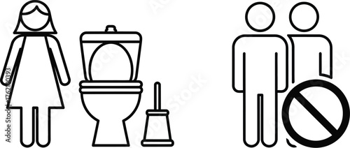 A restroom sign with female symbol toilet and no men allowed symbol line