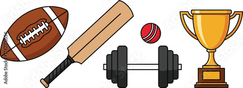 Assorted sports equipment including football cricket bat weights and trophy award