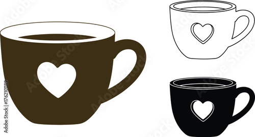 Three cups with heart designs in black white and grayscale drawing