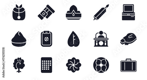 A collection of fifteen minimalist, dark silhouette icons representing various objects and concepts on a white background.