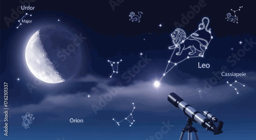 Telescope observes the leo constellation and moon in the night sky astronomy scene