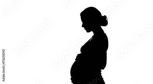 Silhouette of a pregnant woman standing in profile, gently holding her belly with both hands, against a bright white background.