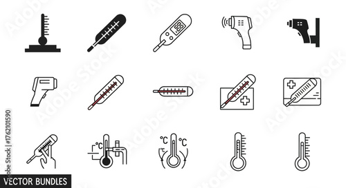 A collection of fifteen vector illustrations depicting various types of thermometers, including digital, mercury, and infrared models, presented in a clean, minimalist style.