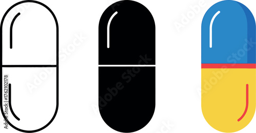 Three pill designs featuring outline solid black and colored capsule styles vector