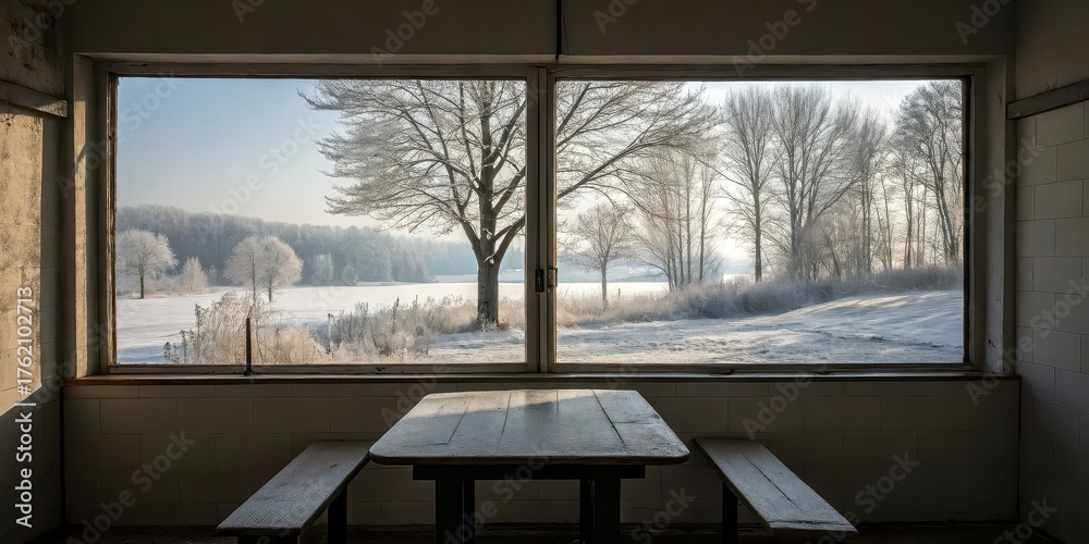 Fototapeta premium Rustic Wooden Table and Benches Inside Cabin with Frosted Window View of Winter Forest Landscape, Ideal for Seasonal Mood Photography, Nature Retreats, Cozy Interiors, Quiet Winter Morning Concepts
