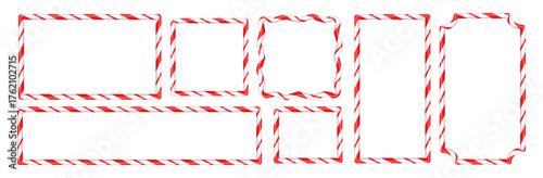 Festive Christmas candy cane frame with red and white stripes. Vector illustration with rectangular shapes for a New Year's card, holiday banner, text box, and winter template