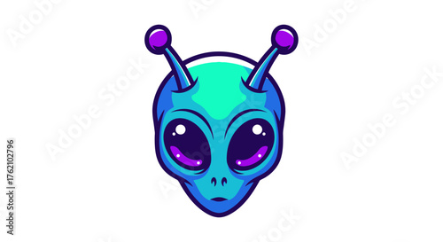 A cartoonish blue alien head mascot with large purple eyes and antennae on a white background with a digital illustration style and a playful mood.