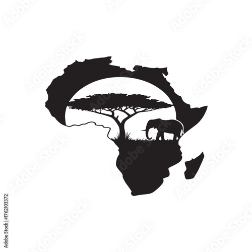 Vector art of silhouette of africa continent with elephant and acacia tree under sun