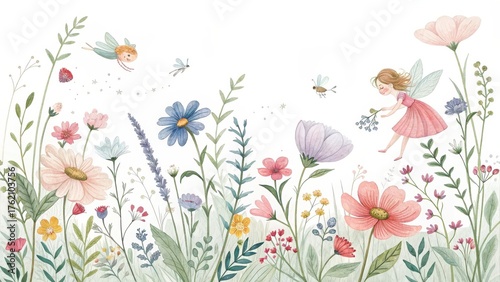 Whimsical watercolor fairies in a spring meadow - floral fairy garden with wildflowers, flying insects, and magical fantasy creatures - nursery wall art, kids room decor, fairy tale illustration