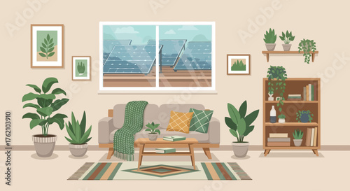 Eco-Friendly Living Room with Solar Panel View, Promoting Sustainable Energy and Green Interior Design Solutions for Eco-Conscious Homeowners and Environmentally Friendly Advertisements.