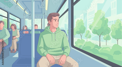 Illustration of a Young Man on Public Transportation Contemplating Urban Life, Depicting Commuting, Travel, and City Living, Ideal for Urban Planning, Lifestyle Articles and Transportation Promotions.