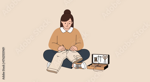 Woman Engaged in Online Sewing Tutorial, Crafting Garments at Home for Sustainable Fashion and Creative Hobby Projects, Promoting DIY and Eco-Friendly Practices