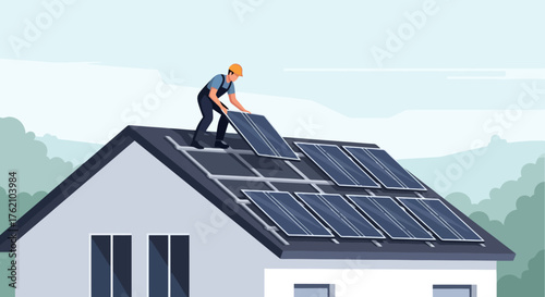 Installation of solar panels on a residential rooftop, highlighting renewable energy adoption and sustainable living practices for eco-conscious homeowners.