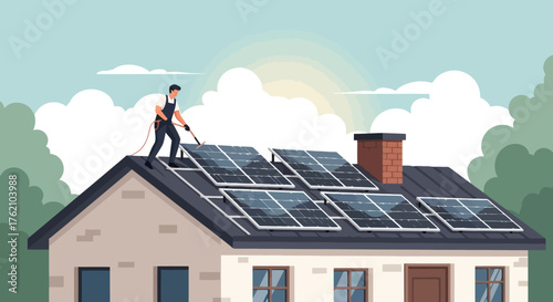 Installation of Solar Panels on a House Roof for Sustainable Energy Solutions and Eco-Friendly Living, Suitable for Renewable Energy Promotion and Home Improvement Projects.