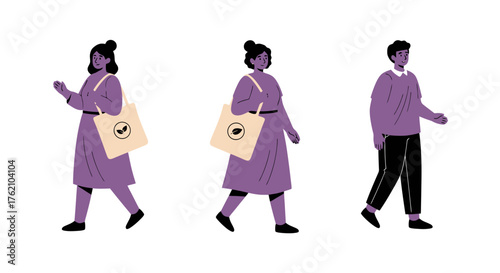 Diverse individuals walking with reusable tote bags promoting sustainability and eco-conscious lifestyle, ideal for environmental awareness campaigns or ethical fashion promotions.