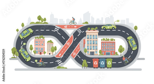 Sustainable Cityscape Illustration Depicting Eco-Friendly Transportation and Green Infrastructure for Promoting Environmental Awareness and Urban Planning Initiatives