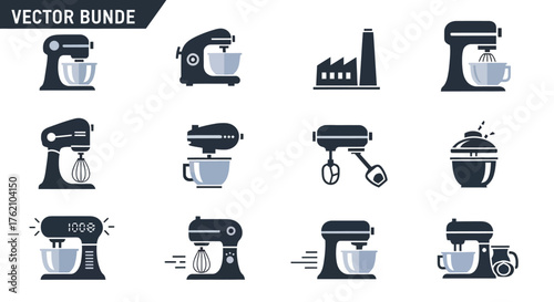 A collection of twelve vector illustrations depicting stand mixers in various styles, alongside a factory icon.