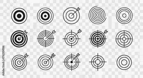 Collection of fifteen different target icons with arrows hitting the center, depicted in a simple black and white outline style.