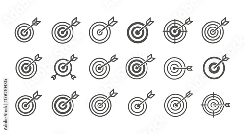 Collection of minimalist target icons with arrows hitting the bullseye, representing success, accuracy, and achievement in various design styles.