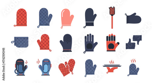 Collection of flat vector illustrations depicting various oven mitts and pot holders in different styles and colors.