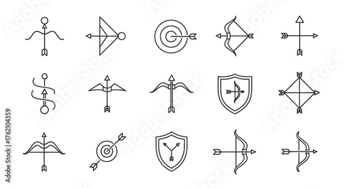 A collection of fifteen line art illustrations depicting bows and arrows, targets, and shields, presented in a grid arrangement.