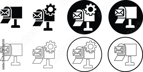 collection of mail automation and postal processing icons with machines envelopes and workflow elements for courier and delivery services