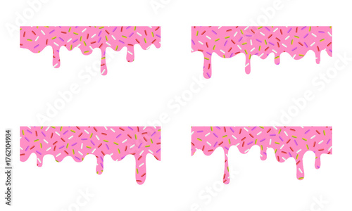 A set of Pink strawberry cream dripping with colorful sprinkles. Melting Pink with Sprinkles. This melting pink glaze vector is ideal for food illustration, wallpaper, banner, or product design use.