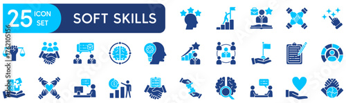 Soft skills glyph icon set – Includes communication, teamwork, leadership, creativity and adaptability. Editable stroke. Colored vector illustration.