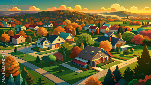 Very beautiful panoramic aerial view of the suburban area in Ozark, Arkansas, USA, featuring tightly packed residential homes surrounded by lush green trees glowing under the warm autumn sunset light.