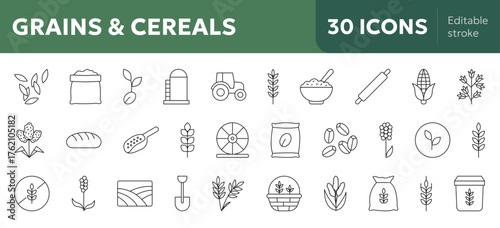 Grains and cereals icon set  outline agriculture, farming, food production vector illustrations