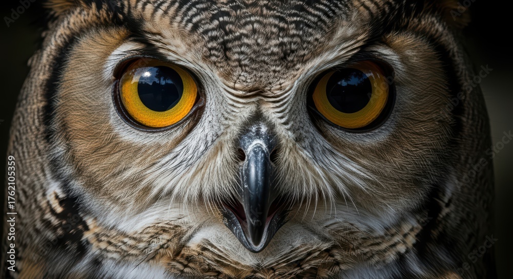 Fototapeta premium Close-up of a great horned owl with intense yellow eyes and detailed feathers