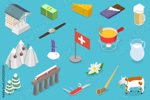 3D Isometric Flat Vector Illustration of Switzerland, Banner Design For Travelling Purposes