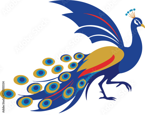 Stylized peacock illustration with vibrant blue plumage and golden accents design