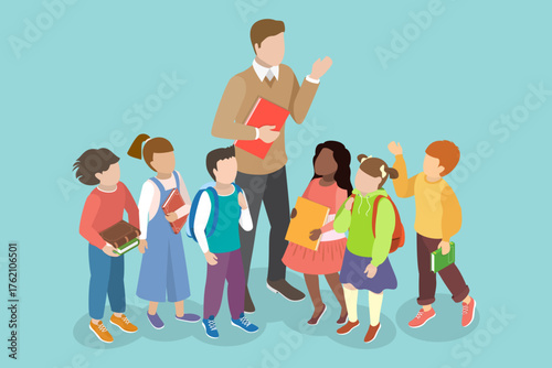 3D Isometric Flat Vector Illustration of Pedagogue With Pupils, Teacher With Children