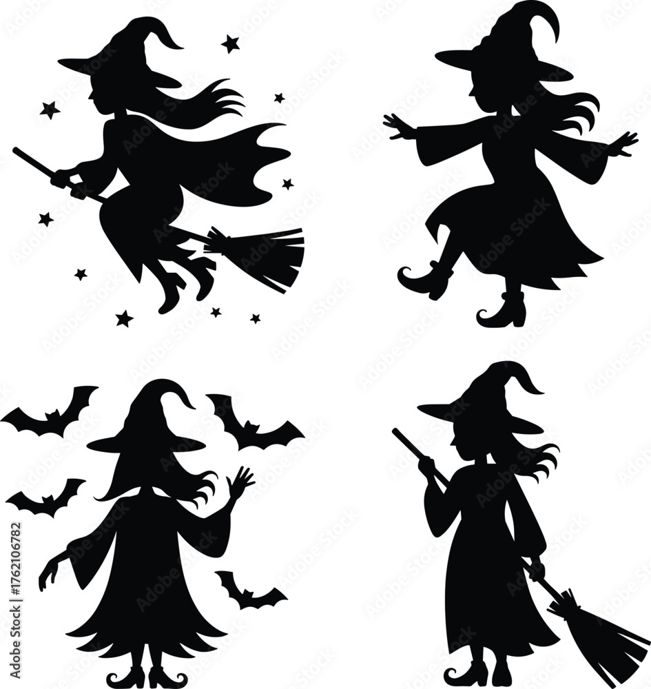 Fototapeta premium Four Witch Silhouettes Flying Dancing Casting Spells Surrounded Bats Stars Translucent Backdrop