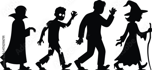 Halloween Costumes Collection Silhouette Figures Spooky Group Vampire Zombie Man Witch Cartoon Characters Walking Together
