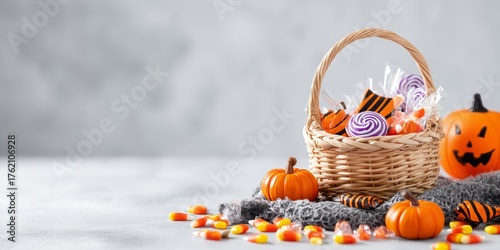 Wicker basket filled with colorful Halloween candies, surrounded by small pumpkins, candy corn, and festive decorations on a gray background, creating a bright and cheerful holiday scene.